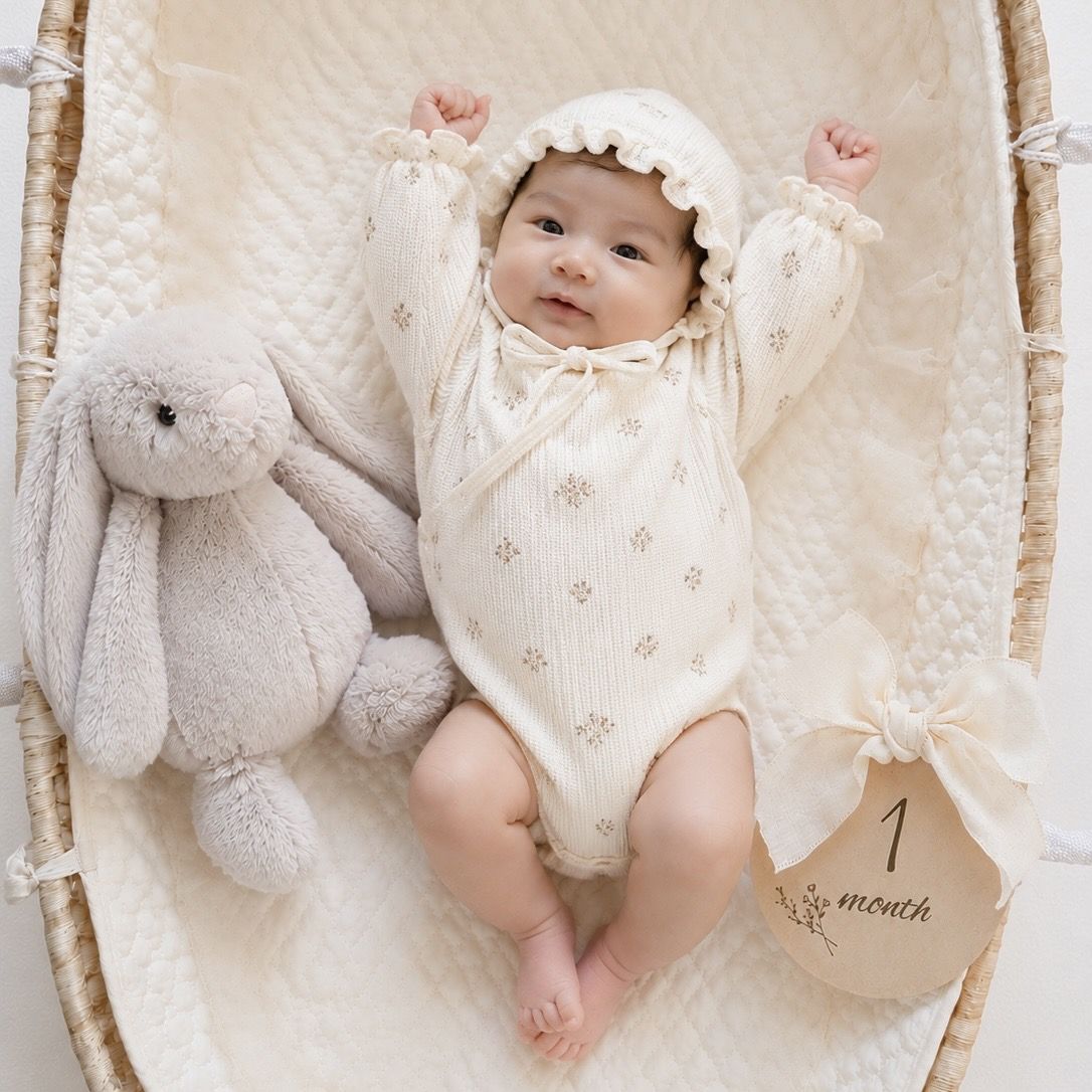 モーゼスバスケットに寝る生後1ヶ月の赤ちゃんと、木製の月齢カード「1 month」