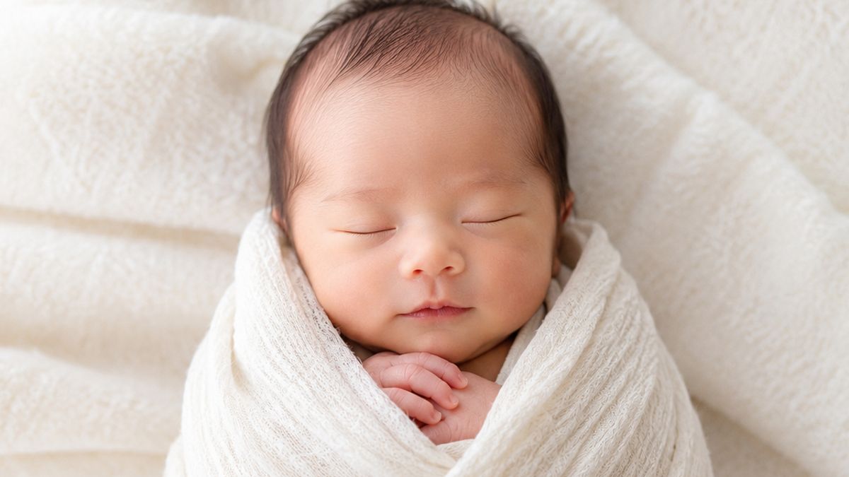 おくるみに包まれて眠る新生児。ニューボーンフォトの定番ポーズ