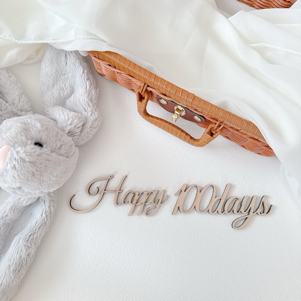 「Happy 100days」の木製レターバナーとぬいぐるみ。自然光でやさしく撮ったお食い初めフォト